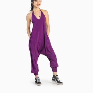 Solid Harem Jumpsuit Cotton V-Neck Adjustable Tie Tapared Leg Pockets Plum